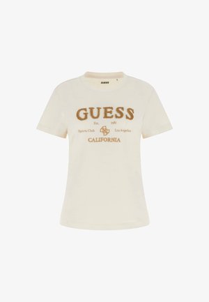 Cremfarbendes Baumwoll-T-Shirt mit Rundhalsausschnitt, kurzen Ärmeln und strukturiertem, goldenem Stickereidruck mit "GUESS", "California" und weiteren Details.