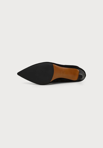 Chaussure plate noire pointue pour femme vue par le dessous, avec un bout de semelle noir et une zone intermédiaire marron.