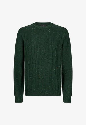 Tume roheline kootud sviiter, millel on tekstuurne muster, ümar kaelus ja värvilised täpid throughout. Pikad varrukad ja soonikuvarrukaotsad.