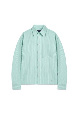 Langermet knappeskjorte med lysegrønne og hvite vertikale striper, brystlomme og klassisk krage, lagt flatt på hvit bakgrunn.