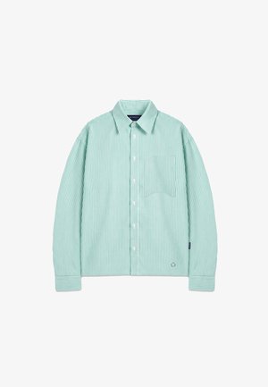 Langermet knappeskjorte med lysegrønne og hvite vertikale striper, brystlomme og klassisk krage, lagt flatt på hvit bakgrunn.