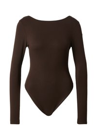 Bruine lange mouwen bodysuit met een brede halslijn, gemaakt van gladde stof. Heeft een aansluitend ontwerp en een slip-on stijl onderkant.