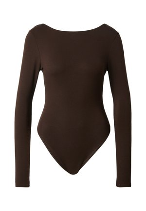 Bruine lange mouwen bodysuit met een brede halslijn, gemaakt van gladde stof. Heeft een aansluitend ontwerp en een slip-on stijl onderkant.