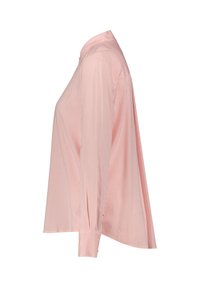 Light pink blouse with vertical white stripes, long sleeves, a collar, and a relaxed fit, made from a smooth fabric.