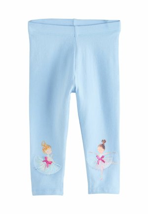 Leggings bleu clair pour enfants avec deux illustrations de ballerines portant des nœuds roses et des tutus blancs sur chaque jambe.
