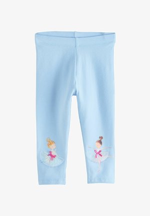 Világoskék gyerek leggings két balerina rajzzal, akik rózsaszín masnit és fehér tutut viselnek mindkét lábon.