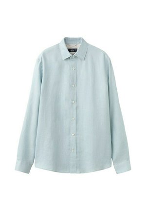 Hellblaues langärmliges Hemd mit Knopfleiste, klassischem Kragen und weißen Knöpfen, auf weißem Hintergrund dargestellt.