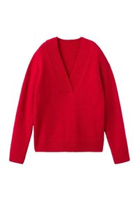 Pull en tricot rouge avec un décolleté en V, des manches longues et des bords côtelés au niveau des poignets et de l'ourlet. Texture douce, coupe décontractée.
