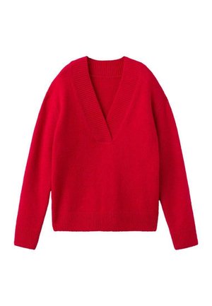 Maglione rosso lavorato a maglia con scollatura a V, maniche lunghe e polsini e orlo a costine. Texture morbida, vestibilità comoda.