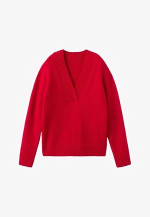 Maglione rosso lavorato a maglia con scollatura a V, maniche lunghe e polsini e orlo a costine. Texture morbida, vestibilità comoda.