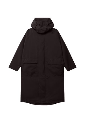 Długa czarna kurtka z kapturem, przednie kieszenie z patkami, długie rękawy i ukryte zapięcie z przodu.