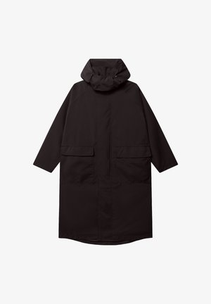 Długa czarna kurtka z kapturem, przednie kieszenie z patkami, długie rękawy i ukryte zapięcie z przodu.