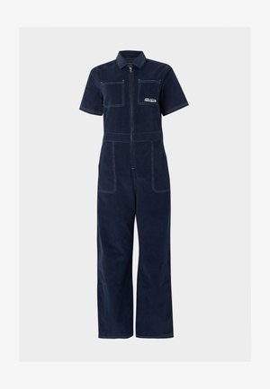 Salopetă bleumarin cu mâneci scurte, fermoar frontal, două buzunare la piept, două buzunare laterale și logo-ul alb RVCA pe buzunarul stâng de la piept.