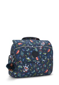 Zaino blu navy con un motivo giocoso di robot, astronavi e controller. Include un accento con un portachiavi peloso e una tasca con zip.