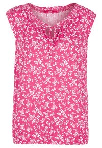 Blusa sin mangas rosa con estampado floral, presenta un escote fruncido con un detalle de lazo y una tela liviana y texturizada.