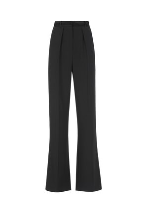 Pantaloni neri a vita alta con frontale plissettato, design a gamba larga, texture liscia e passanti per cintura. Il tessuto appare leggero e ben rifinito.