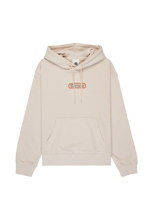 Felpa beige con cappuccio, tasca frontale, coulisse regolabile e piccolo logo "Element" in arancione e bianco sul petto.