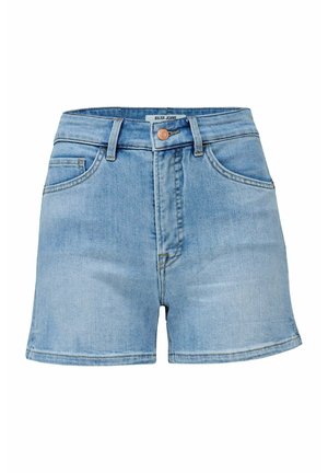 Shorts en denim bleu clair avec taille haute, quatre poches et fermeture à bouton en cuivre. Présente une coupe nette et des détails de coutures minimales.