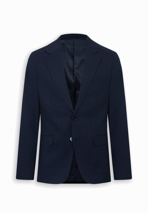 Pánské sako v námořnické modři s jedním řadovým zapínáním na dva knoflíky, výřezovými klopami, kapsami s klopami a hladkou vnitřní podšívkou.