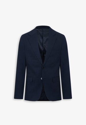 Marineblauer, einreihiger Herrenblazer mit zwei Knöpfen, Revers mit Kerb, Pattentaschen und glattem Innenfutter.