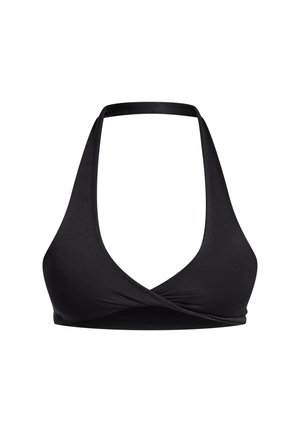Top bikini nero a halter con scollatura a V profonda, design avvolgente, texture morbida e bordi senza cuciture per il massimo comfort. Ideale per costumi da bagno.