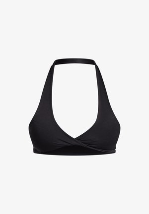 Zwarte halternek bikini top met een diepe V-halslijn, wikkelontwerp, zachte textuur en naadloze randen voor comfort. Ideaal voor zwemkleding.