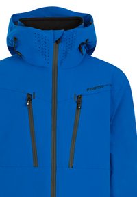 Blauer wasserdichter Jacke mit hohem Kragen, verstellbarer Kapuze und zwei vorderen Reißverschluss-Taschen. Verfügt über Belüftungslöcher und kontrastierende schwarze Reißverschlüsse.