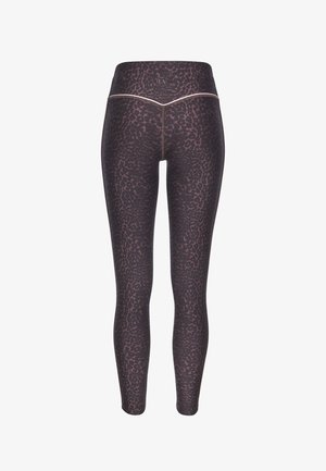 Black leggings with a leopard print pattern in shades of brown. Features a smooth texture and a high, elastic waistband.