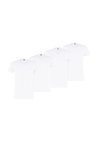 Vier weiße V-Ausschnitt-T-Shirts aus weicher Baumwolle. Jedes Shirt hat kurze Ärmel und ein einfaches, klassisches Design ohne Muster oder Akzente.