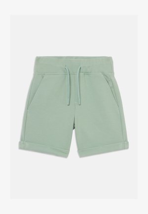 Light green cotton shorts with elastic waistband, drawstring, and two side pockets. Rolled cuffs and textured fabric.