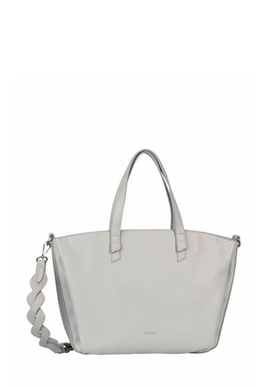 Sac fourre-tout en cuir souple gris clair avec deux poignées et une bandoulière torsadée détachable, embossé d'un petit logo de la marque au centre.