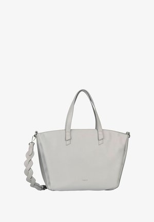 Sac fourre-tout en cuir souple gris clair avec deux poignées et une bandoulière torsadée détachable, embossé d'un petit logo de la marque au centre.