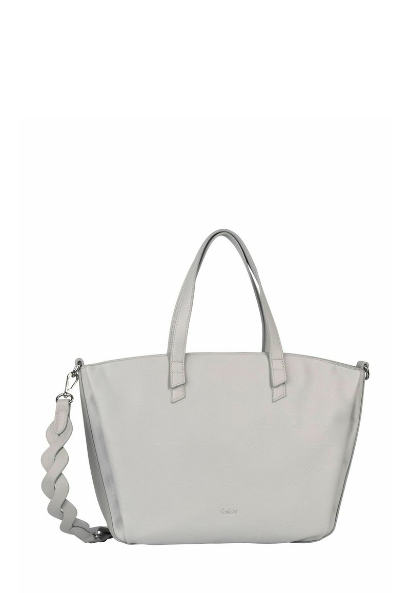 Sac fourre-tout en cuir souple gris clair avec deux poignées et une bandoulière torsadée détachable, embossé d'un petit logo de la marque au centre.