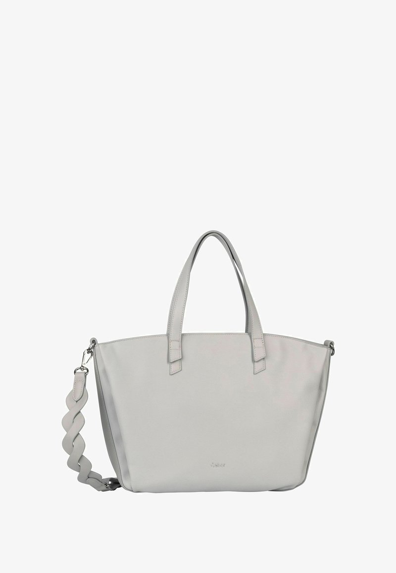 Sac fourre-tout en cuir souple gris clair avec deux poignées et une bandoulière torsadée détachable, embossé d'un petit logo de la marque au centre.