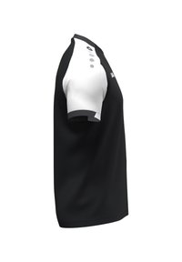 Zwart T-shirt met korte mouwen en witte accenten, voorzien van drie knopen op de kraag en een logo. Glad, lichtgewicht stof met een klassieke pasvorm.