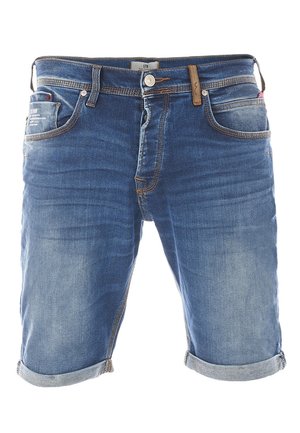 Short en denim bleu avec ourlets retroussés, cinq poches, fermeture bouton et zip, et détails délavés.