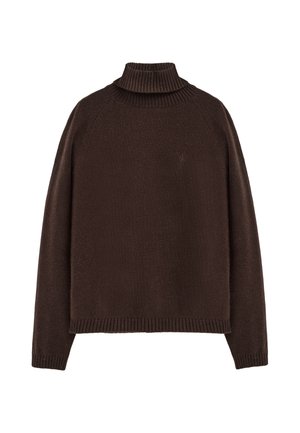 Jersey de cuello alto de manga larga color marrón oscuro con cuello, puños y bajo acanalados, mostrado sobre un fondo blanco.