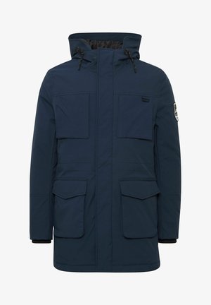 Námornícko modrý parka kabát s kapucňou, viacerými prednými vreckami a elastickými manžetami. Hladká textúra s aerodynamickým dizajnom.