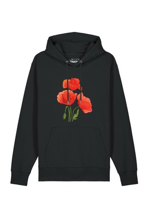 Schwarzer Kapuzenpullover mit drei großen roten Mohnblumen auf der Vorderseite und einer vorderen Kängurutasche.