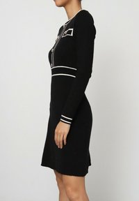 Robe noire à manches longues avec un corsage ajusté, des accents blancs et des détails de boutons. Tissu doux, longueur genou, avec un léger évasement à l'ourlet.