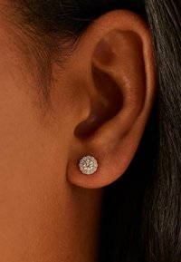 Ronde oorstekers met een centrale heldere edelsteen omringd door kleinere fonkelende steentjes, gezet in een gepolijste metalen basis.