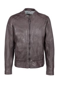 Giacca di pelle marrone con una texture liscia, colletto rialzato e zip frontale. Presenta cuciture sottili e un design semplice senza decorazioni.