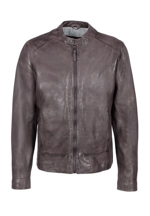 Giacca di pelle marrone con una texture liscia, colletto rialzato e zip frontale. Presenta cuciture sottili e un design semplice senza decorazioni.