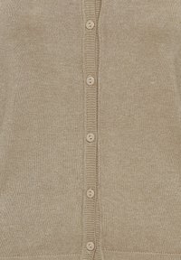 Beige lightweight cardigan with a ribbed texture, featuring six round buttons down the front and a smooth finish.