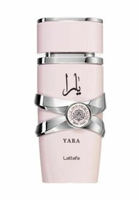 Vaaleanpunainen parfyymipullo on muotoilultaan tyylikäs, ja siinä on hopeisia yksityiskohtia ja kaistaleita. Etiketissä lukee "YARA" ja siinä on pyöreä emblem.