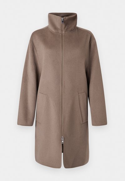 Brown, fleece coat with a high collar, front zipper, and two side pockets. Features a relaxed fit and mid-length design.