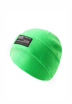 Green knit beanie with a textured finish, featuring a black patch displaying brand name and coordinates. Sleek, fitted design.