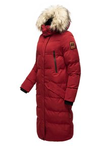 Red padded parka jacket featuring a faux fur hood, two zippered chest pockets, and a large front pocket. Made of durable material with ribbed cuffs.