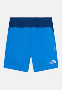 Shorts de sport bleus avec une ceinture à motifs bleus plus foncés. Les caractéristiques incluent une taille élastique et des détails de logo blancs sur la jambe inférieure.