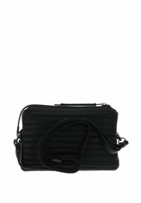 Schwarze Leder-Umhängetasche mit gesteppter Optik, Reißverschluss, länglicher Form und verstellbarem Riemen. Glatte Textur mit minimalen Beschlägen.